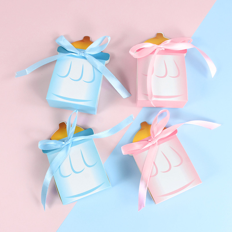 10gab Baby Shower Candy Box Zila/rozā Padevēja Pudele Papīra Kastīte Zēns Meitene Dāvanas Iepakojuma Somas Kristības Dzimums Atklāj ballīšu piederumi