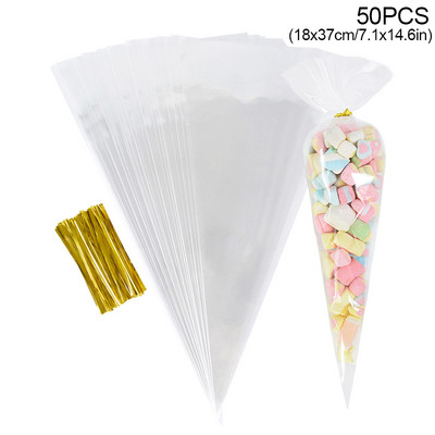 50 бр. Прозрачна целофанова торбичка за бонбони Прозрачна конусна торбичка за опаковане Сватба, рожден ден Сувенири Консумативи за опаковане Пуканки Найлонова торбичка