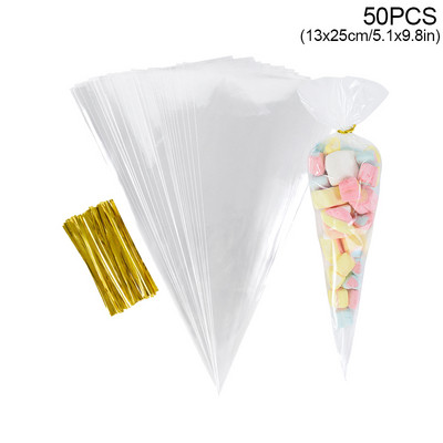50 бр. Прозрачна целофанова торбичка за бонбони Прозрачна конусна торбичка за опаковане Сватба, рожден ден Сувенири Консумативи за опаковане Пуканки Найлонова торбичка