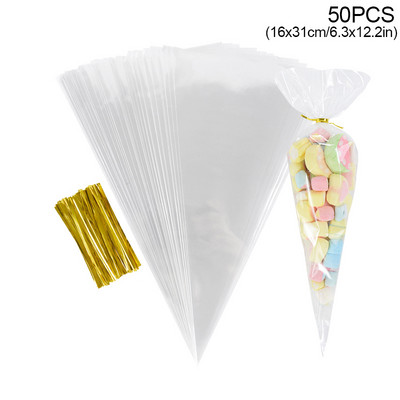 50 бр. Прозрачна целофанова торбичка за бонбони Прозрачна конусна торбичка за опаковане Сватба, рожден ден Сувенири Консумативи за опаковане Пуканки Найлонова торбичка