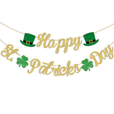 Банер за Честит ден на Свети Патрик Златен блясък и гирлянд за Деня на Свети Патрик Декорации за гирлянди от Деня на Свети Патрик Детелина