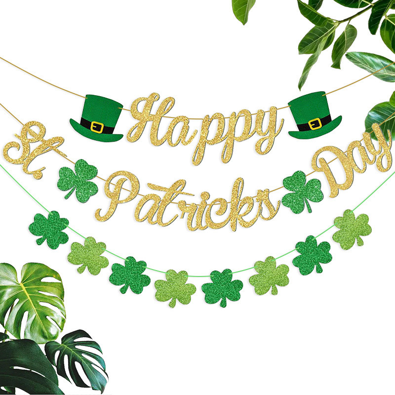 Банер за Честит ден на Свети Патрик Златен блясък и гирлянд за Деня на Свети Патрик Декорации за гирлянди от Деня на Свети Патрик Детелина