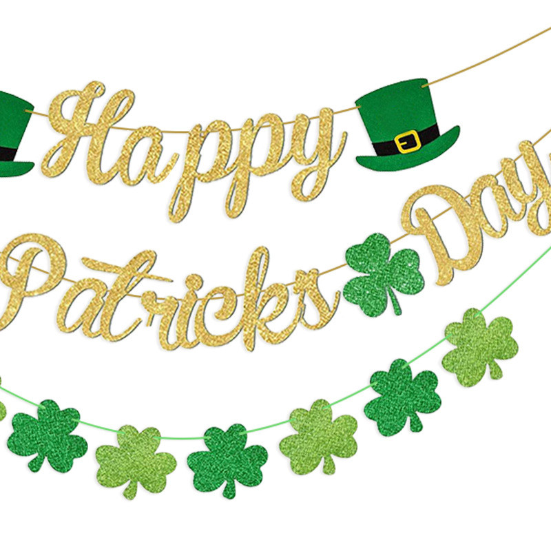Банер за Честит ден на Свети Патрик Златен блясък и гирлянд за Деня на Свети Патрик Декорации за гирлянди от Деня на Свети Патрик Детелина
