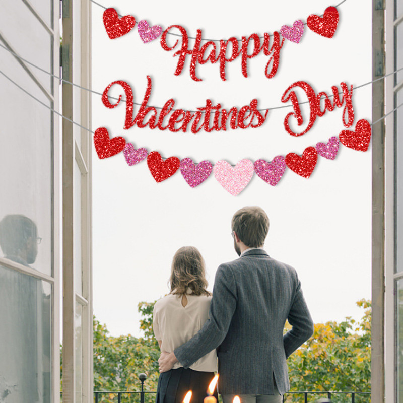 2M Ziua Îndrăgostiților Decoratiuni agățate Banner cu sclipici Scrisoare cu sclipici Banner cu inimă de dragoste Ghirlandă Decorații de nuntă pentru Ziua Îndrăgostiților