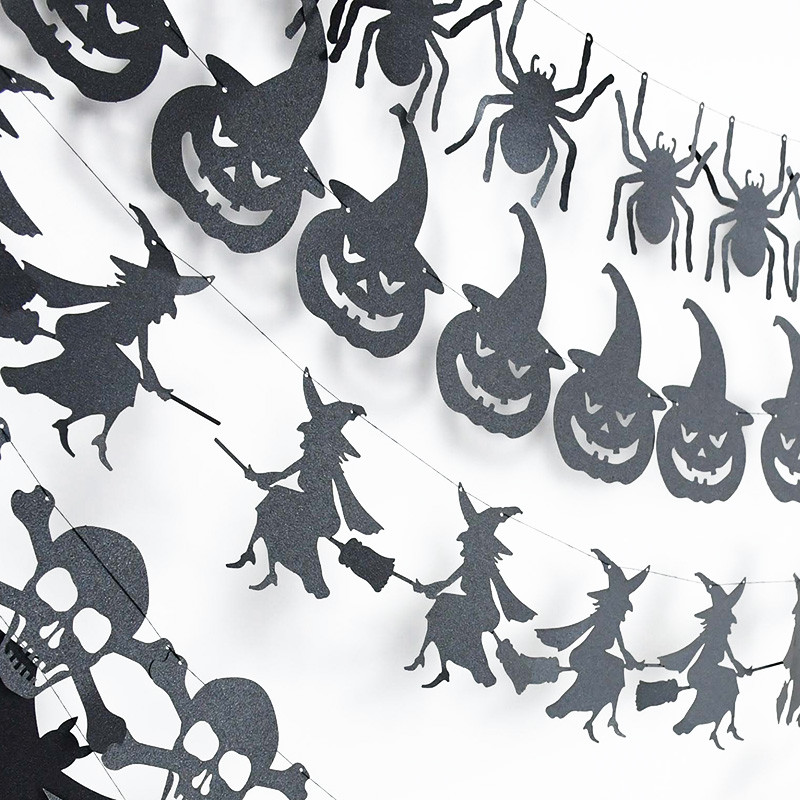 1Szett Halloween függőfüzér fekete narancssárga sütőtök denevér pók boszorkány papír sármány szalaghirdetés Boldog Halloween partit otthoni dekorációk