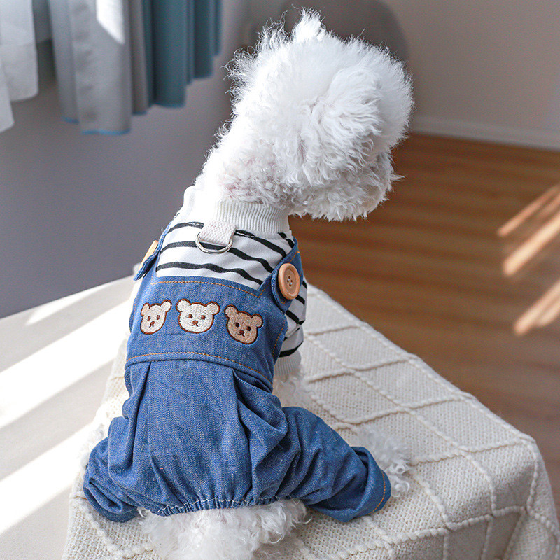 Trīs lāču džinsa suņu kombinezons kaķu džinsi kombinezoni četrām kājām treniņtērps Svītrais krekls Apģērbi kucēnam Yorkie Chihuahua kovboju mētelis