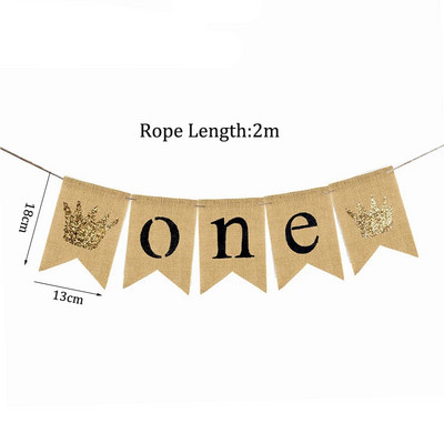 Džutas kronis ONE Reklāmkarogs Garland Zēns Meitene Zemniecisks rupjš audekls Reklāmkarogs 1. dzimšanas dienas stīpas ballītes noformējums Baby Shower Favor