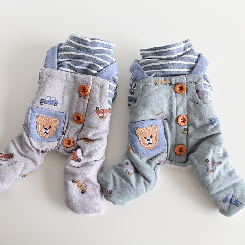 Multikrāsu karikatūra ar auto apdrukātu kombinezoni ar četrām kājām mājdzīvnieku suņiem Kokvilnas siltie kombinezoni suņiem rudens un ziemas sezonai