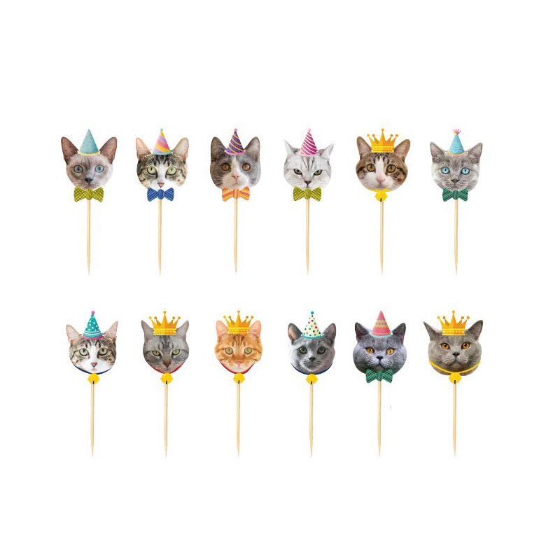 Aranyos macska Cupcake Topper Pick Rajzfilm macskafej szalaghirdetés gyerekeknek születésnapi babaváró macska cica témájú parti dekorációk