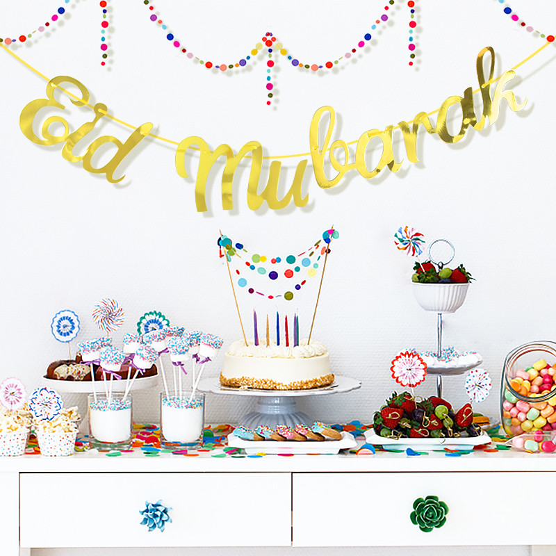 Mirdzošs zelts EID Mubaraks Reklāmkarogs Vēstule Papīrs Bunding Garland Piekārts Islāma musulmaņu festivāla ballīte Ramadan Kareem Dekors mājām