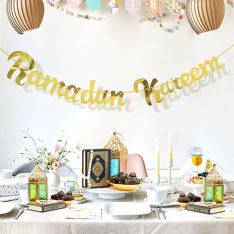 Mirdzošs zelts EID Mubaraks Reklāmkarogs Vēstule Papīrs Bunding Garland Piekārts Islāma musulmaņu festivāla ballīte Ramadan Kareem Dekors mājām