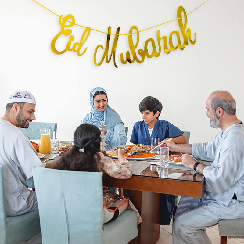 Mirdzošs zelts EID Mubaraks Reklāmkarogs Vēstule Papīrs Bunding Garland Piekārts Islāma musulmaņu festivāla ballīte Ramadan Kareem Dekors mājām