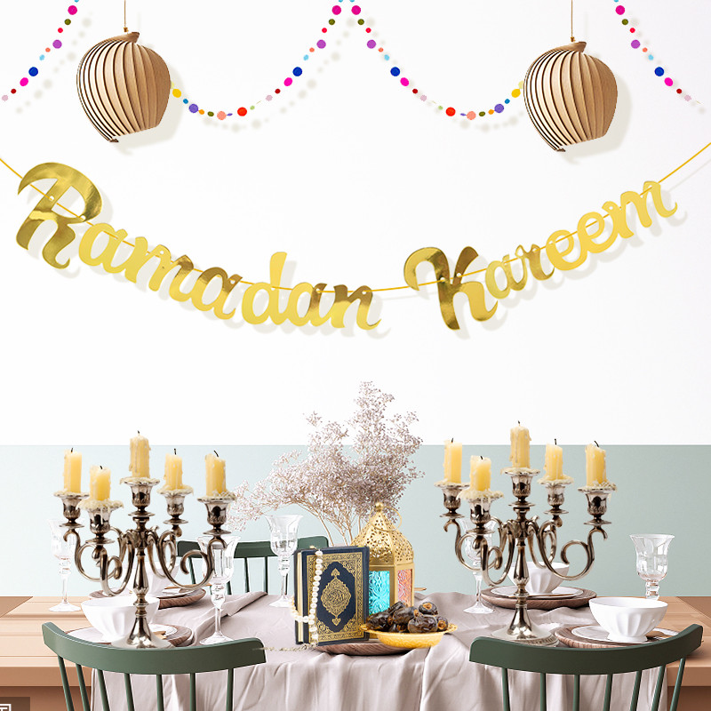 Mirdzošs zelts EID Mubaraks Reklāmkarogs Vēstule Papīrs Bunding Garland Piekārts Islāma musulmaņu festivāla ballīte Ramadan Kareem Dekors mājām