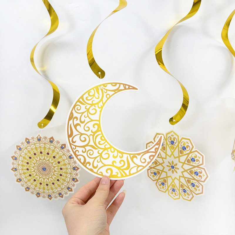 Eid Mubaraka spirālveida reklāmkarogs Zvaigzne Mēness karājas rotājumi Zelta virpulis Eid kulons Ramadan Kareem Mājas dekors Islāma musulmaņu ballīšu piegāde