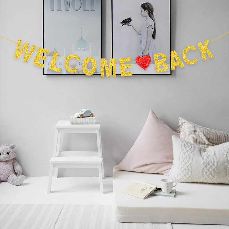 Üdvözöljük vissza Garland Signage Banner Decor Irodai Iskola Szívkoszorús Glitter Party Diákok