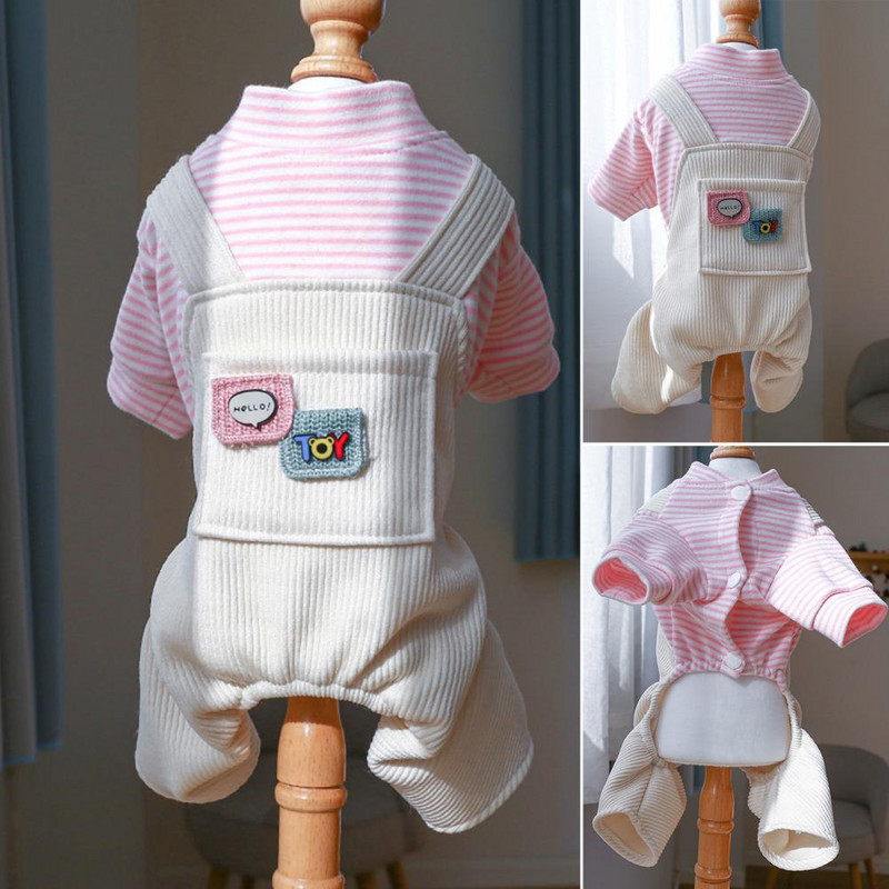 Valkājami mājdzīvnieku svārki ar pogu aizdare Dekoratīvi savārstīti mājdzīvnieku suns četrkājains svītrains kombinezons