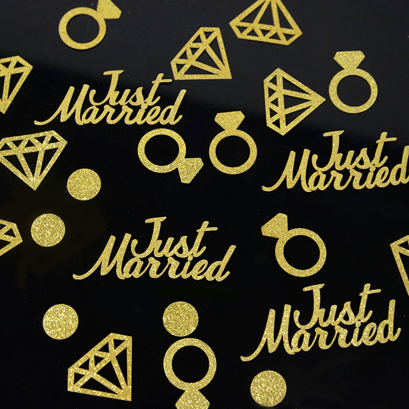 100 gab Zelta, tikko precējusies konfeti līgava ar spīdumu, lai kļūtu par vecpuišu ballīti saderināšanās konfeti kāzu ballīšu dekorēšanai