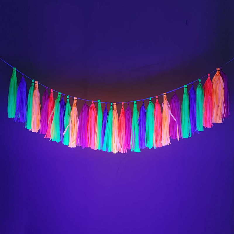 Spīd UV gaismā ballīšu aksesuāri Neona papīra pušķi, vītnes un reklāmkarogs Dzimšanas dienas ballīte kāzu UV spīduma ballītes dekorācija