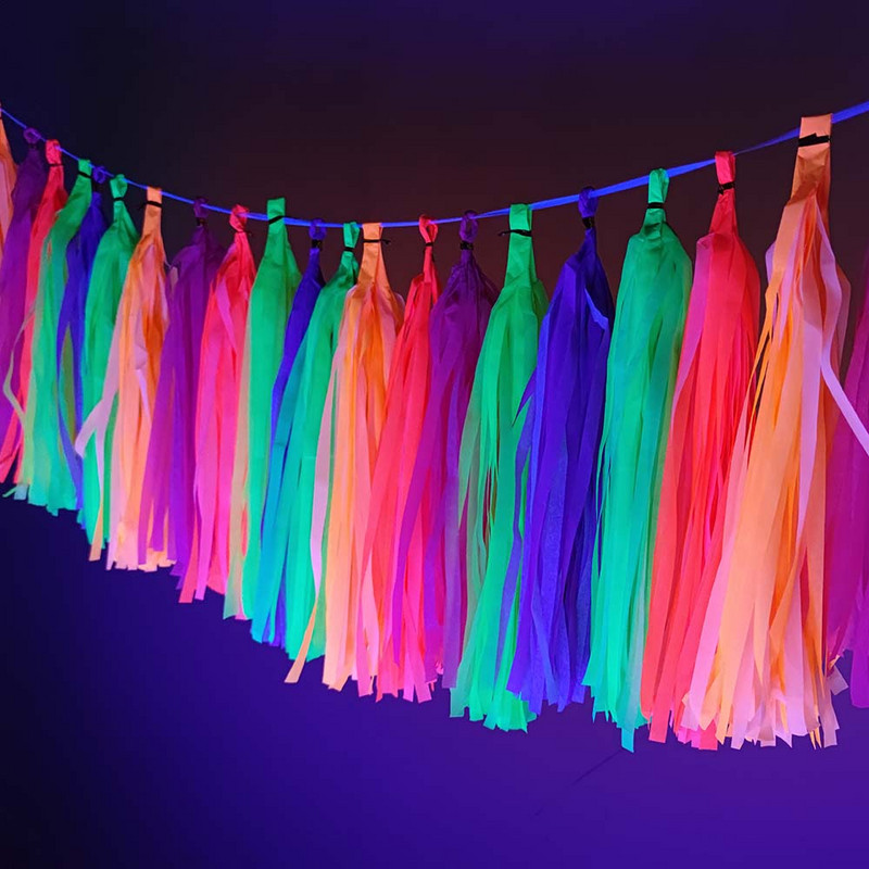 Spīd UV gaismā ballīšu aksesuāri Neona papīra pušķi, vītnes un reklāmkarogs Dzimšanas dienas ballīte kāzu UV spīduma ballītes dekorācija