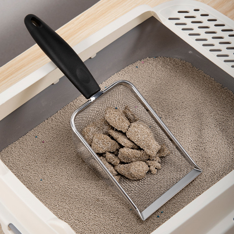 Kisállat macska hulladéklapát hosszú nyelű rozsdamentes acél fém lapát alomszűrő szemét homoklapát kisállattisztító szerszám macska kellékek