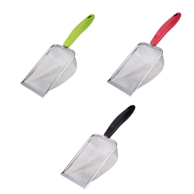 Kisállat macska hulladéklapát hosszú nyelű rozsdamentes acél fém lapát alomszűrő szemét homoklapát kisállattisztító szerszám macska kellékek