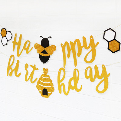 Daudz laimes dzimšanas dienā Reklāmkarogs Mirdzums Zelta bite Tēma Happy Bee Day Bērnu dzimšanas dienas ballīte Fona dekorācijas Kamenes DIY Dekors
