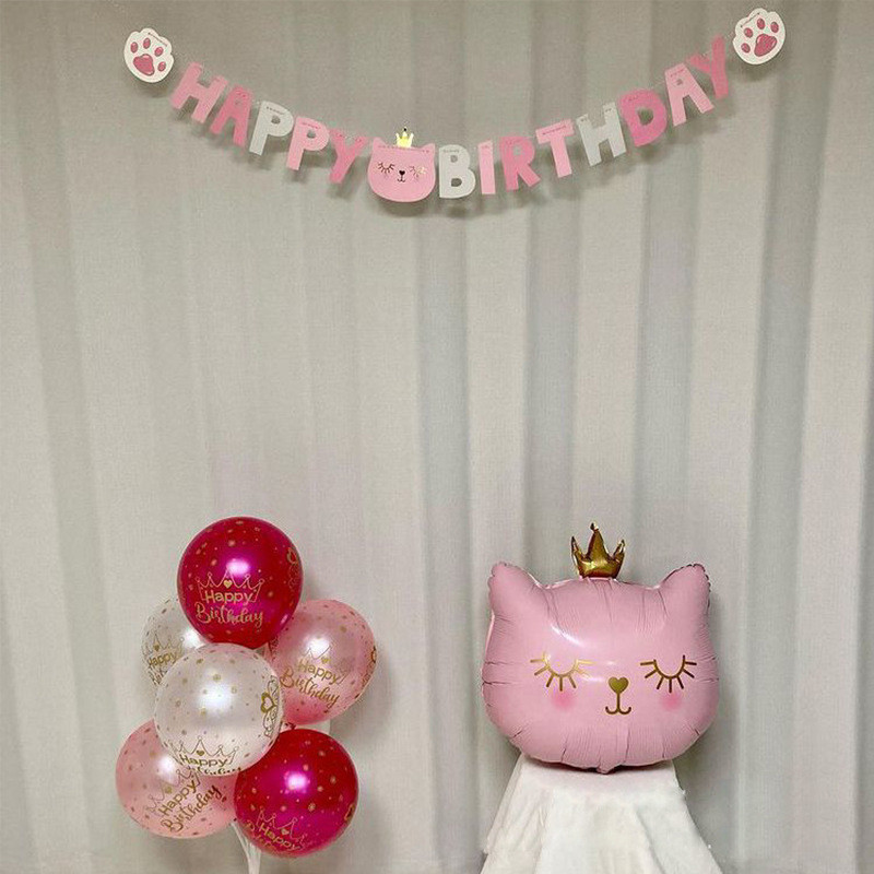 Daudz laimes dzimšanas dienā karoga virtenes rozā karikatūra kroņa kaķa karoga reklāmkarogs fona dekorācijas priekšmeti meiteņu dzimšanas dienas sagaidīšanas ballītei