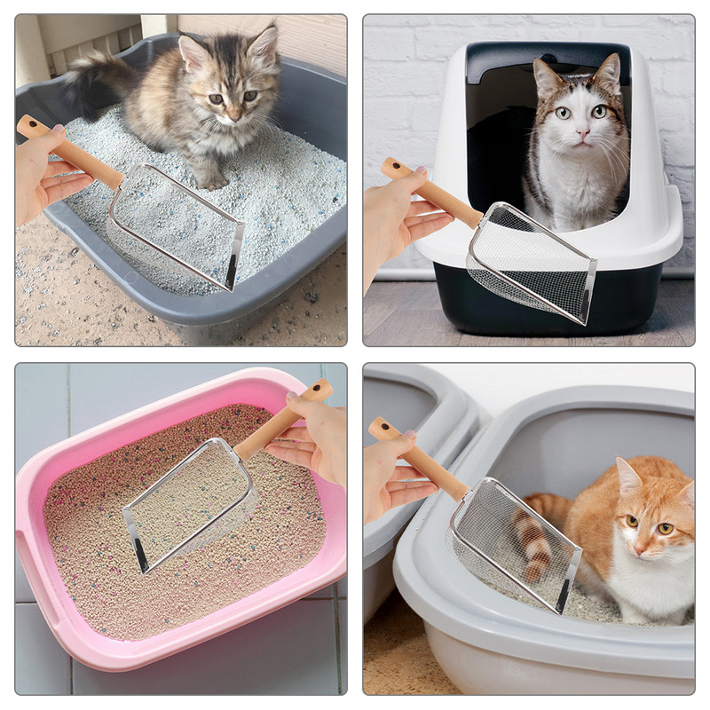 Kaķu izkārnījumu pakaišu liekšķere ar koka rokturi kaķēnu liekšķere nerūsējošā tērauda mājdzīvnieku kaķi