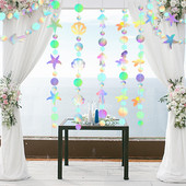 4 M zaigojošs nāriņas gliemežvāku reklāmkarogs zem jūras dzimšanas dienas ballītes piekārtiem rotājumiem jūraszvaigznes medūzas apļa punktiņi vītnes dekori