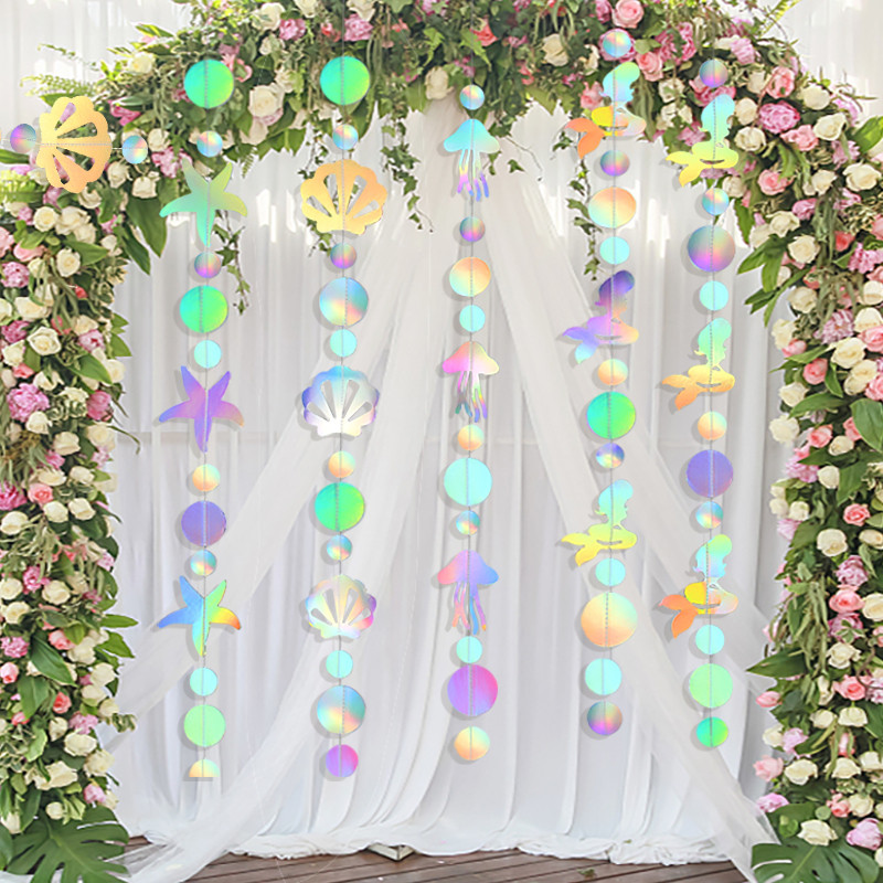 4 M zaigojošs nāriņas gliemežvāku reklāmkarogs zem jūras dzimšanas dienas ballītes piekārtiem rotājumiem jūraszvaigznes medūzas apļa punktiņi vītnes dekori