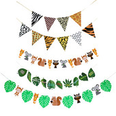 Dzimšanas dienas džungļu ballītes dekors Reklāmkarogs Zoodārzs Safari Tēma Lauva pērtiķis Dinozaurs Dzīvnieks Bunding Papīra Reklāmkarogi Garland Bērniem Zīdaiņu duša