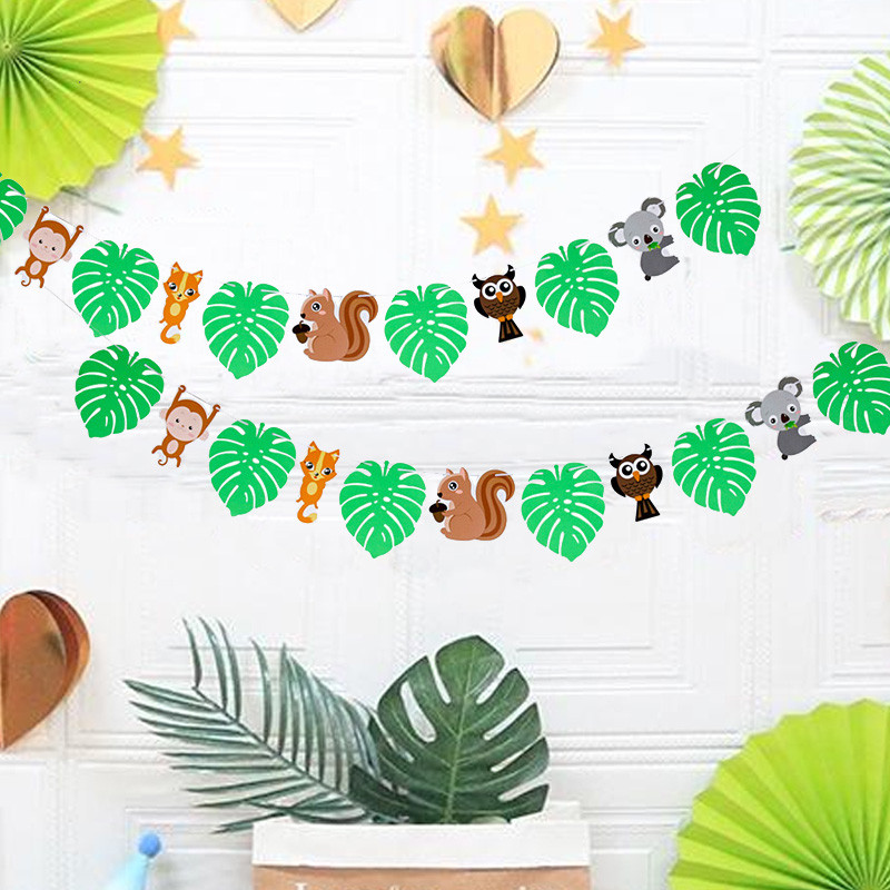Dzimšanas dienas džungļu ballītes dekors Reklāmkarogs Zoodārzs Safari Tēma Lauva pērtiķis Dinozaurs Dzīvnieks Bunding Papīra Reklāmkarogi Garland Bērniem Zīdaiņu duša
