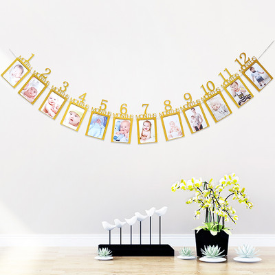 Első boldog születésnapi dekoráció 12 hónapos képkeret transzparens fiú lány 1 éves baba zuhany buli papír füzér kellékek