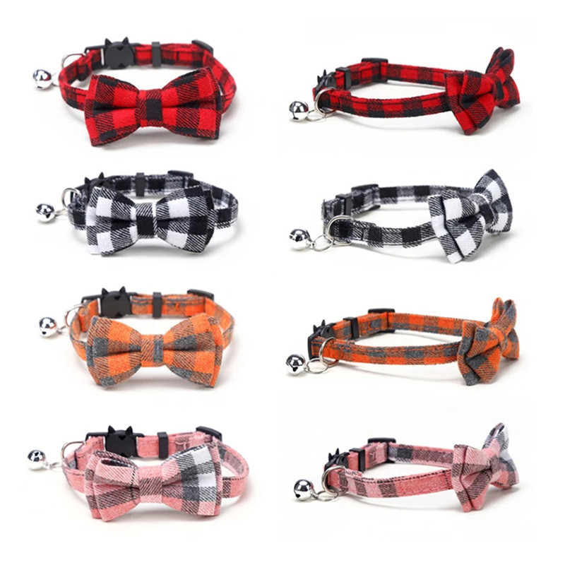 Jauka rūtainā kaķa kakla siksna Maza suņa loka kaklasiksna Bowknot kaķu kaklasiksnas ar zvaniņu kucēna kaķēna čivavas mājdzīvniekiem