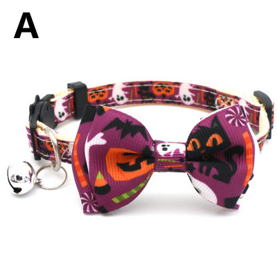 1 gab Helovīna kaķa kaklasiksna ar zvaniņu Bowknot kucēnu kaķēnu ķirbju kaklarota regulējama drošības sprādze Čivavas tauriņa kaklasaite mājdzīvnieku piederumi