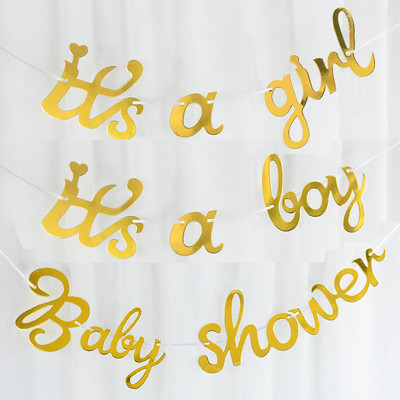 Banner auriu pentru Baby Shower Este un băiat Bunting Este o fată Ghirlandă de hârtie Dezvăluirea genului Decor pentru petrecerea de aniversare Botez Botez