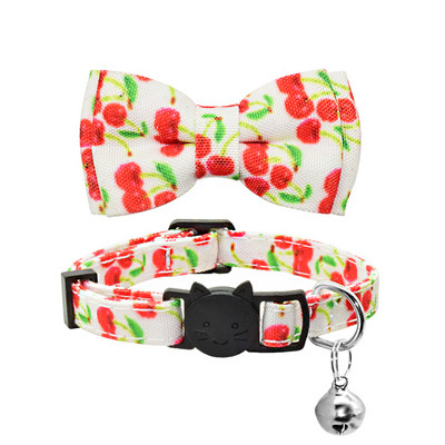 Jauka tauriņš kaķa kakla siksna Kakla zvans, regulējams Breakaway Lovely Bow mezgls kaķa kaklasiksna vasaras augļu apdruka Pet kaķēns kaķa kakla siksna
