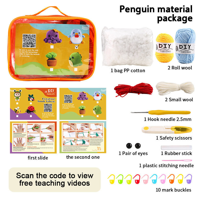 QZLKNIT DIY roku darbs lelles tamborēšanas komplekts iesācējiem Pingvīnu šūšanas materiālu komplekts Roku adīšana bērniem Pieaugušajiem Tamborēšanas cienītājiem