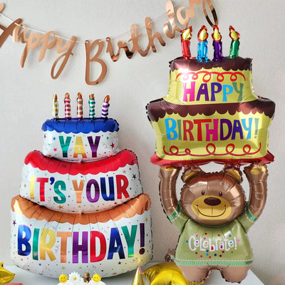3-слойни големи балони за торта Честит рожден ден Cartoon Bear Cake Фолио балони за деца Рожден Ден Декорация Подпори Балони Играчки