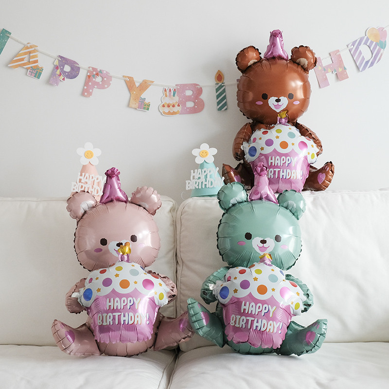 3-слойни големи балони за торта Честит рожден ден Cartoon Bear Cake Фолио балони за деца Рожден Ден Декорация Подпори Балони Играчки