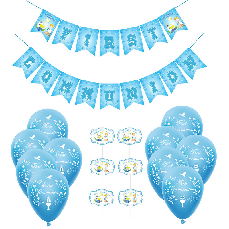 1 komplekts Rozā zils Pirmā Svētā Vakarēdiena reklāmkarogs Mi Primera lateksa balonu kūku pildījumi bērniem vakarēdienu ballīšu dekorēšanai