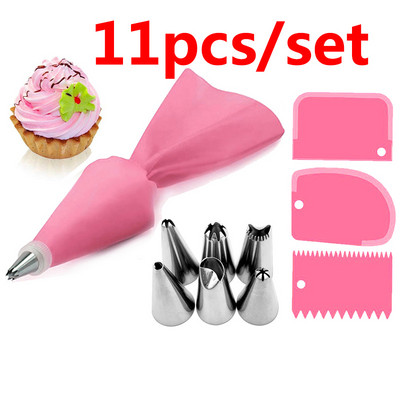 Set de sfaturi pentru decorarea prăjiturii DIY 8/11 buc./set Accesorii de bucătărie din silicon pentru glazură, cremă, pungă de patiserie, set de 6 duze din oțel inoxidabil