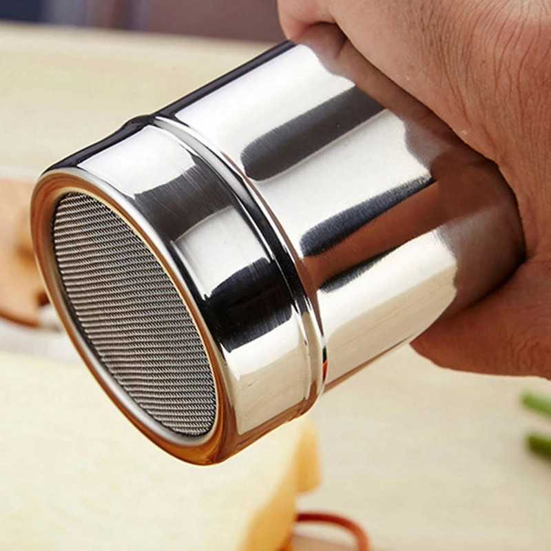 Nerūsējošā tērauda kafijas šokolādes kratītājs pūdercukura miltu smalka tīkla smidzinātājs cepšanai ar vāku