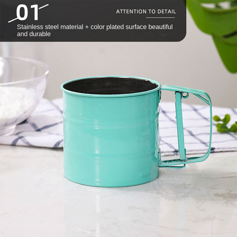 Ar roku darbināms miltu siets virtuves pusautomātiskā krūze miltu siets cukura sijātājs pulvera kratītājs Cepšanas piederumi Kūka Kafija Gadg