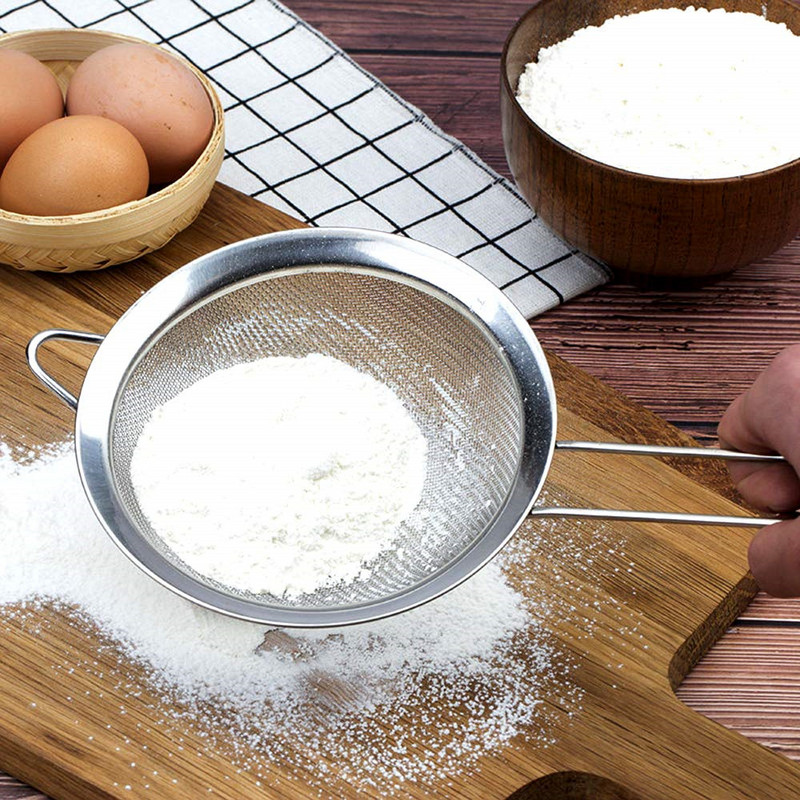 Rozsdamentes acél finomhálós lisztszita sütéshez fogantyús lisztszita sütőtartozékok 0859