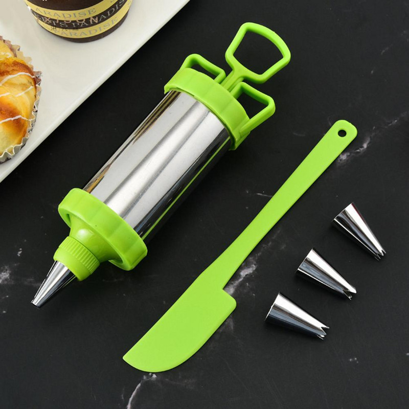 Cepšanas kūkas dekorēšanas rīks Nerūsējošā tērauda mīklas izstrādājumu pildījuma inžektors šļirces dekorēšanas komplekts Deserta dekorētājs ar 3 padomiem 1 Spa