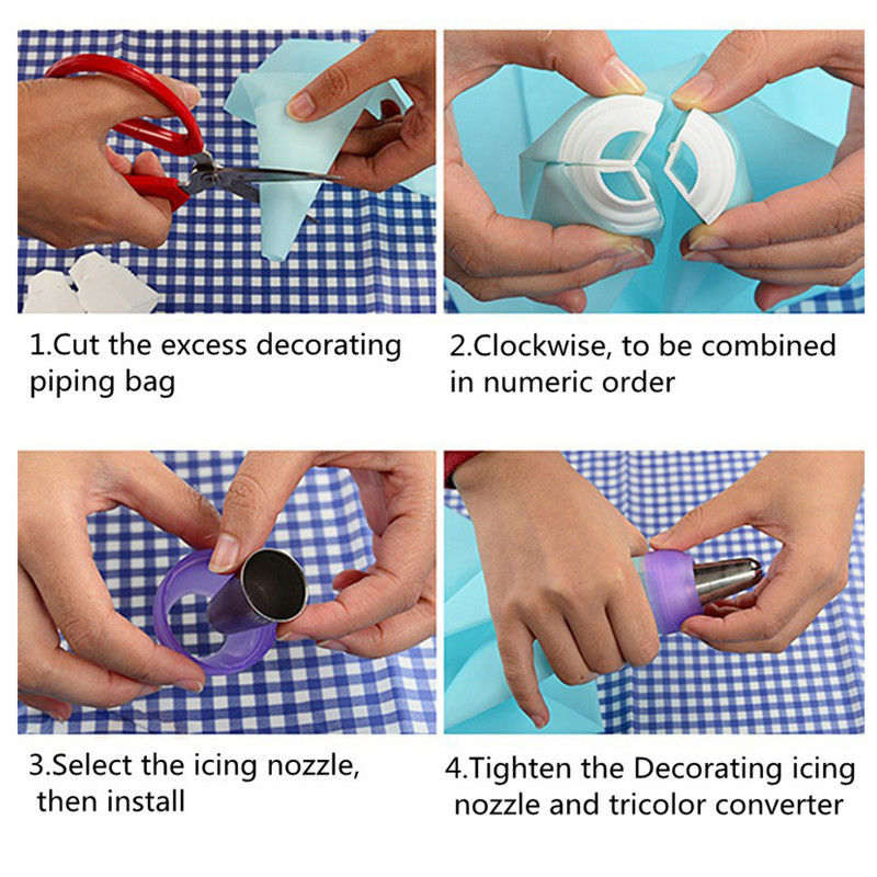 Pungă pentru glazură în 3 culori, instrument de conversie a duzei, cremă, pungă de patiserie, decorare pentru prăjituri cu fondant.