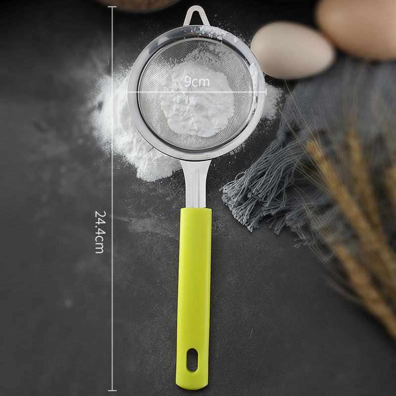 Miltų sietelis, vienodas tinklelis, lengvai valdomas tinklinis filtras, apsaugantis nuo rūdžių, rankinis be kvapo aliejaus išsiliejimo nerūdijančio plieno miltų sijotuvas kepimo įrankis