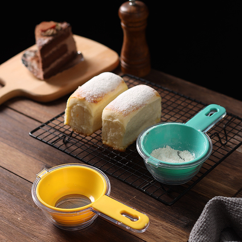 Finom hálós műanyag lisztszita fogantyúval lé teaszűrő szűrőszűrő élelmiszer babszűrő sziták shakerek konyhai eszköz