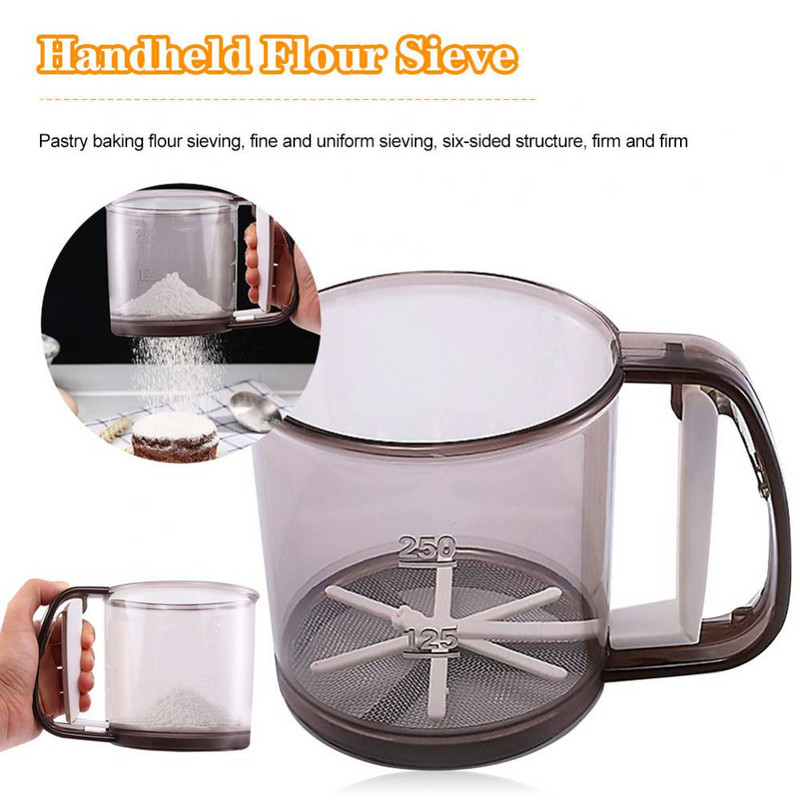 Rokas pulvera miltu sieta krūze Tīkla sieta sietiņš Plastmasas sieta glāze ar mērīšanas skalu Cepšanas konditorejas izstrādājumu virtuves rīks